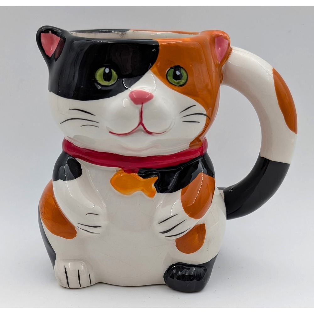 Vintage Pier 1 Imports Hand Painted Ceramic Calico Cat Mug With Mouse Inside